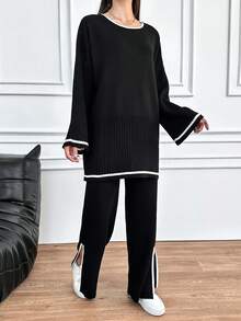 EURMUSE 女士彩色邊緣拼接下垂肩毛衣和針織寬腿褲,側邊開口 - 黑與白 - 查看 5