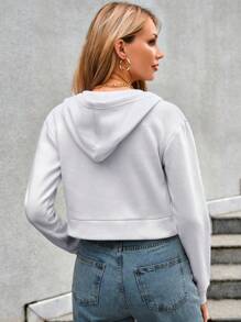 SHEIN PETITE Solid Zip Up Crop Hoodie - White - View 2