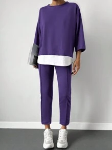 EURMUSE 2pcs Women Casual Set: Contrast Color Round Neck Drop Shoulder 3/4 Sleeve T-Shirt And Pants