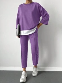 Cottnline 2 piezas Conjunto casual para mujer: Camiseta de manga 3/4 con cuello redondo y hombros caídos en color contrastante y pantalones - Morado - Ver 1