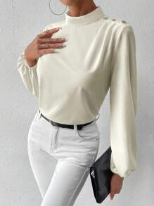 SHEIN Privé This Week Bishop Sleeve Mock Neck Blouse - Apricot - View 4