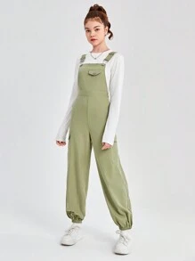 SHEIN 青少年時尚編織網紋純色口袋連身褲,可調節束口和肩帶 - 綠色 - 查看 4
