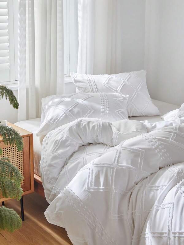 3pcs Solid White Checked Pattern & Dot & Cutwork Design Polyester Duvet Cover Set, Boho Style Minimalist Japanese Style Polyester Bedding Set, All Seasons