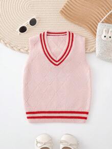 Em bé Cô gái Khối màu Dệt kim Áo vest Với Edging - Hồng - Xem 1
