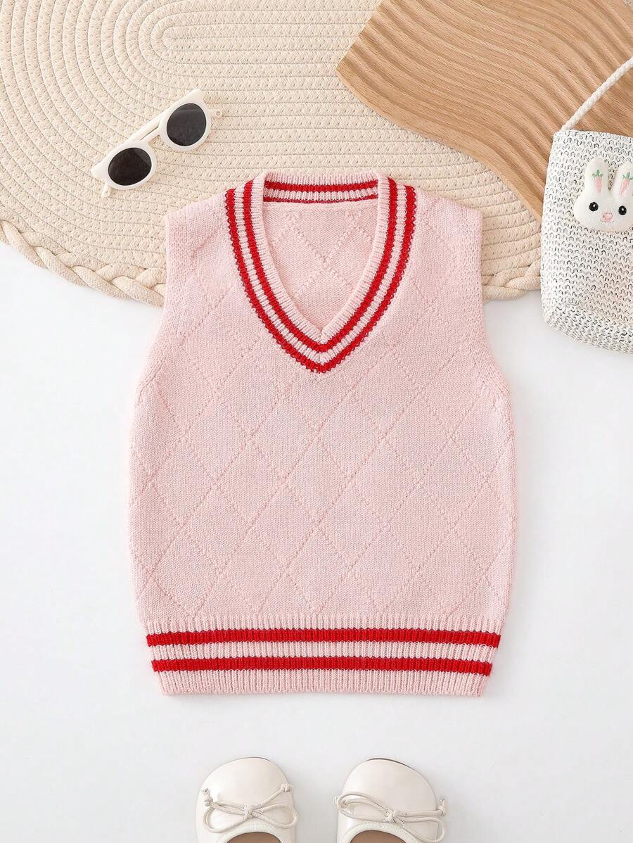 Em bé Cô gái Khối màu Dệt kim Áo vest Với Edging - Hồng - Xem 1