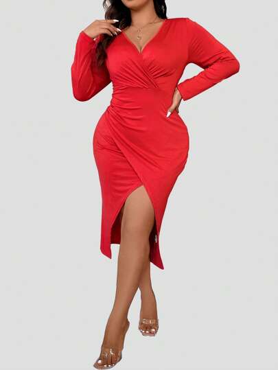 SHEIN Unity Taglie Forti Abito aderente Natale monocolore incrociato