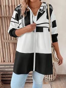 SHEIN LUNE Của phụ nữ Kích thước lớn Hình học In Dây kéo áo có mũ Áo khoác - Nhiều màu - Xem 6