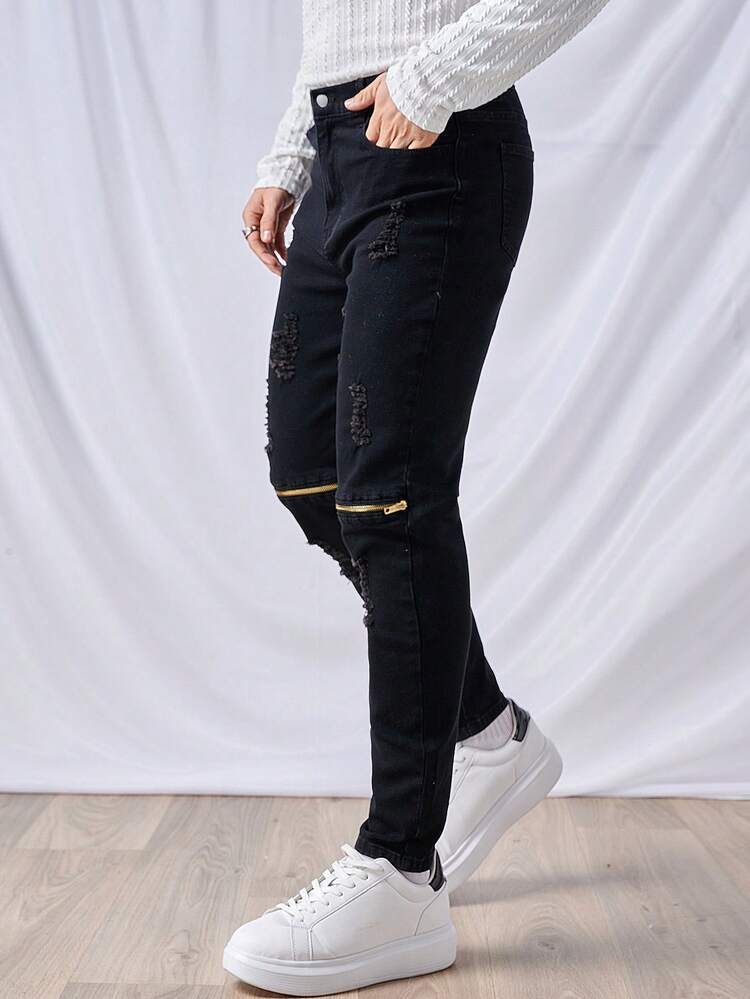 Men's Stretch Zipper Design Asymmetric Ripped Slim Fit Jeans