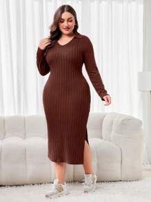 Modelyn 大尺寸劈開長袖連衣裙 - 咖啡棕 - 查看 1