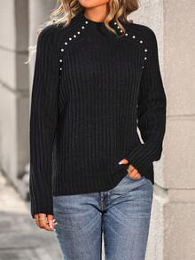 SHEIN LUNE 女士珍珠拼接襯衫袖高領套頭毛衣 - 黑色 - 查看 4