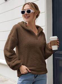 EURMUSE Solid Drop Shoulder Teddy Sweatshirt - Brown - View 5