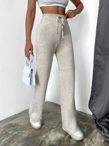 EURMUSE Drawstring Waist Knit Pants - Beige - View 4