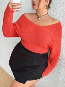 Flirla Plus Size Off-Shoulder Sweater, Pullover Knit Pullover Fall Winter Sweater - Coral Orange - View 1