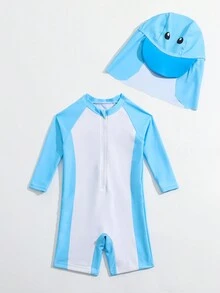 Em bé Con trai Một miếng Áo bơi Với In Thiết kế Và In ngẫu nhiên + Mũ - Màu xanh lam - Xem 5