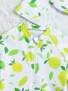 Baby Girl Fruit Print One Piece Swimsuit Including Hat - Green - View 3