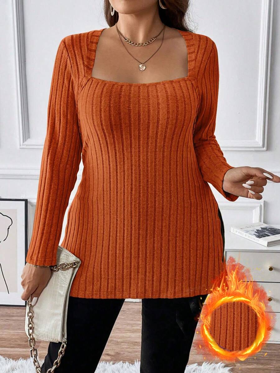 Calvaya 大碼方領下擺開叉T恤 - 橘色 - 查看 1