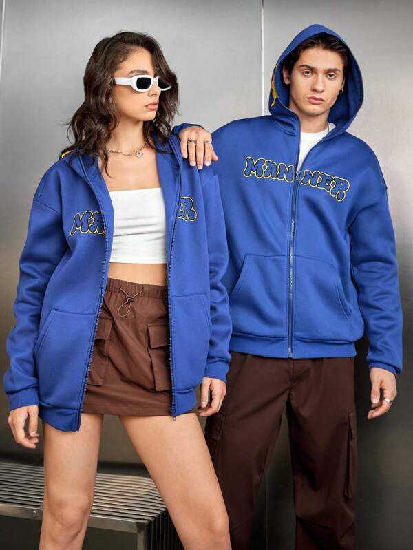 Manfinity VCAY Sudadera con capucha y cremallera con estampado de letras, corte holgado para hombre, para otoño e invierno