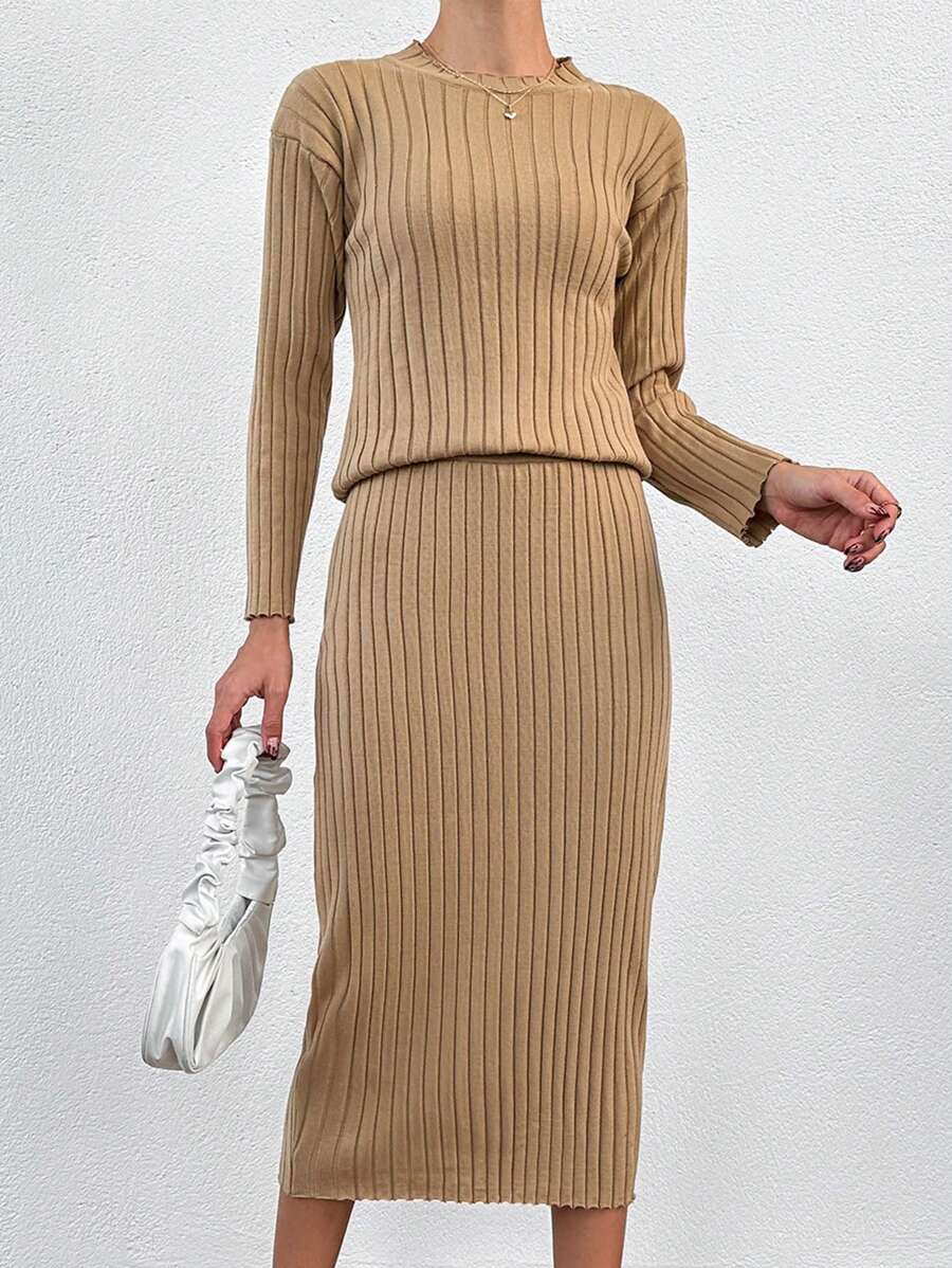 EURMUSE Women's Knitted Sweater And Knit Skirt Two-piece Set - Beige - View 1