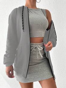 RueChic Drawstring Hooded Zipper Sweatshirt - Light Grey - View 5