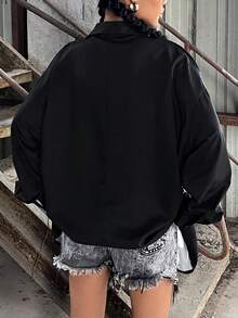 SHEIN ICON Skull Print Drop Shoulder Shirt - Black - View 2