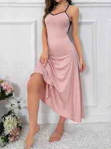 对比色蕾丝露背吊带睡裙睡衣长裙 - 粉色 - 查看 2