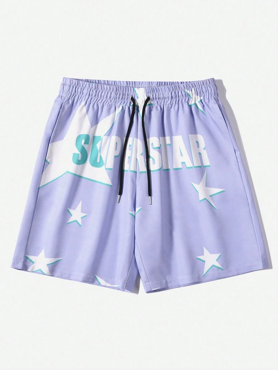 ROMWE MEN Street Life 男士印花束口短褲 - 藍色 - 查看 1