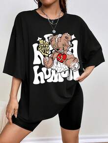 SHEIN EZwear 女款卡通字母印花t卹 - 黑色 - 查看 3