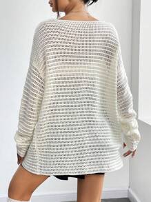SHEIN Unity Drop Shoulder Pointelle Knit Pullover Fall Winter Sweater - Beige - View 2