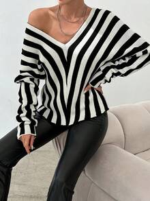 SHEIN 女士v領條紋毛衣 - 黑與白 - 查看 5