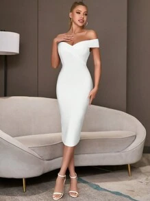 Off Shoulder High Waist Bandage Bodycon Party Dress - White - View 1