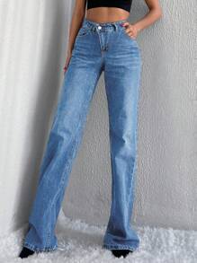 EURMUSE High Waist Straight Leg Jeans - Blue - View 1