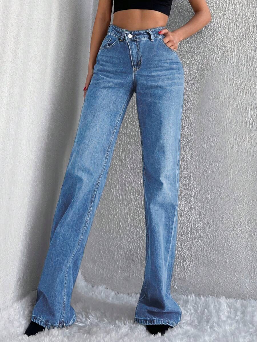 EURMUSE High Waist Straight Leg Jeans - Blue - View 1