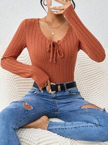 SHEIN Essnce Solid Color Tie Knot T-shirt - Burnt Orange - View 1