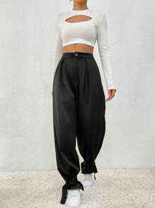 SHEIN LUNE Solid Color Pleated Pants With Ankle Ties Fall Cloth For Women - Black - View 4