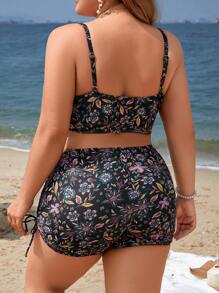Swim Lushoire Summer Beach Women's Printed Spaghetti Strap Black Plus Size Bikini Set - Multicolor - View 2