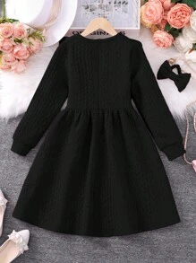 SHEIN Váy trang trí viền xếp nếp màu trơn giản dị và thanh lịch cho cô gái Tween - màu đen - Xem 2
