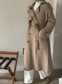 女士翻领双排扣双口袋开衫 - 棕色 - 查看 5