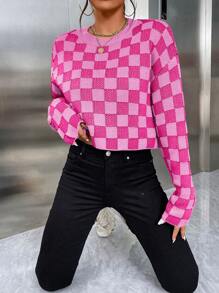 SHEIN Privé Bàn cờ Mẫu Thả vai Quần skinny Áo len - Nhiều màu - Xem 3