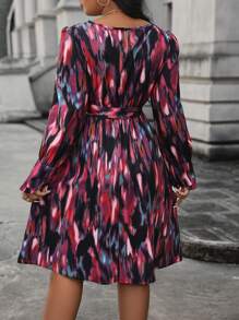 Celure 女款束腰帶燈籠袖印花洋裝 - 彩色 - 查看 2