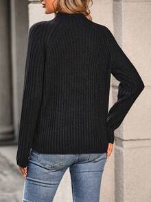SHEIN LUNE 女士珍珠拼接襯衫袖高領套頭毛衣 - 黑色 - 查看 2