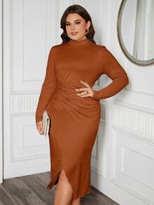 SHEIN Clasi Women's Plus Size Wrapping Design Fitted Dress With Flounced Hem - Coffee Brown - View 3