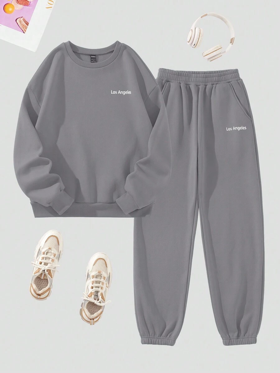 SHEIN Unity 2pcs Casual Fleece Sweatshirt And Sweatpants Set With Letter Print - Grey - View 1