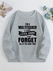 SHEIN EZwear 大碼字母印花圓領運動衫 - 灰色 - 查看 6