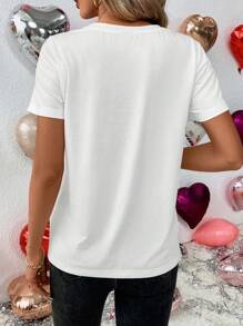 SHEIN LUNE Casual Oversized Heart Sequin Sparkle Round Neck Short Sleeve Women T-Shirt, Suitable For Summer,Valentine's Day - White - View 2