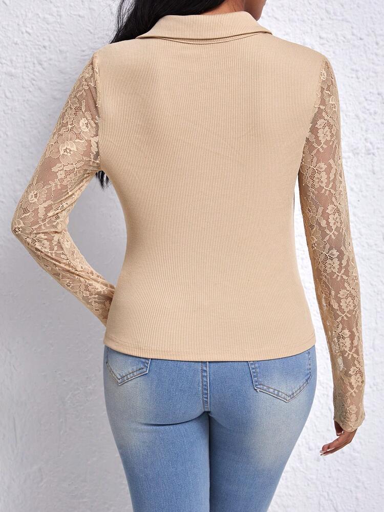 Women'S Lace Patchwork Turn Down Collar Button Up Top With Flap Detail