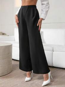 SHEIN Privé Women's High Waisted Wide Leg Pants - Khaki - View 4