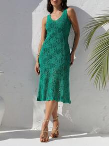 SHEIN Màu thuần Không tay Váy Cover Up - màu xanh lá - Xem 1