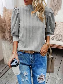SHEIN Essnce 小高領泡泡袖T恤 - 灰色 - 查看 1