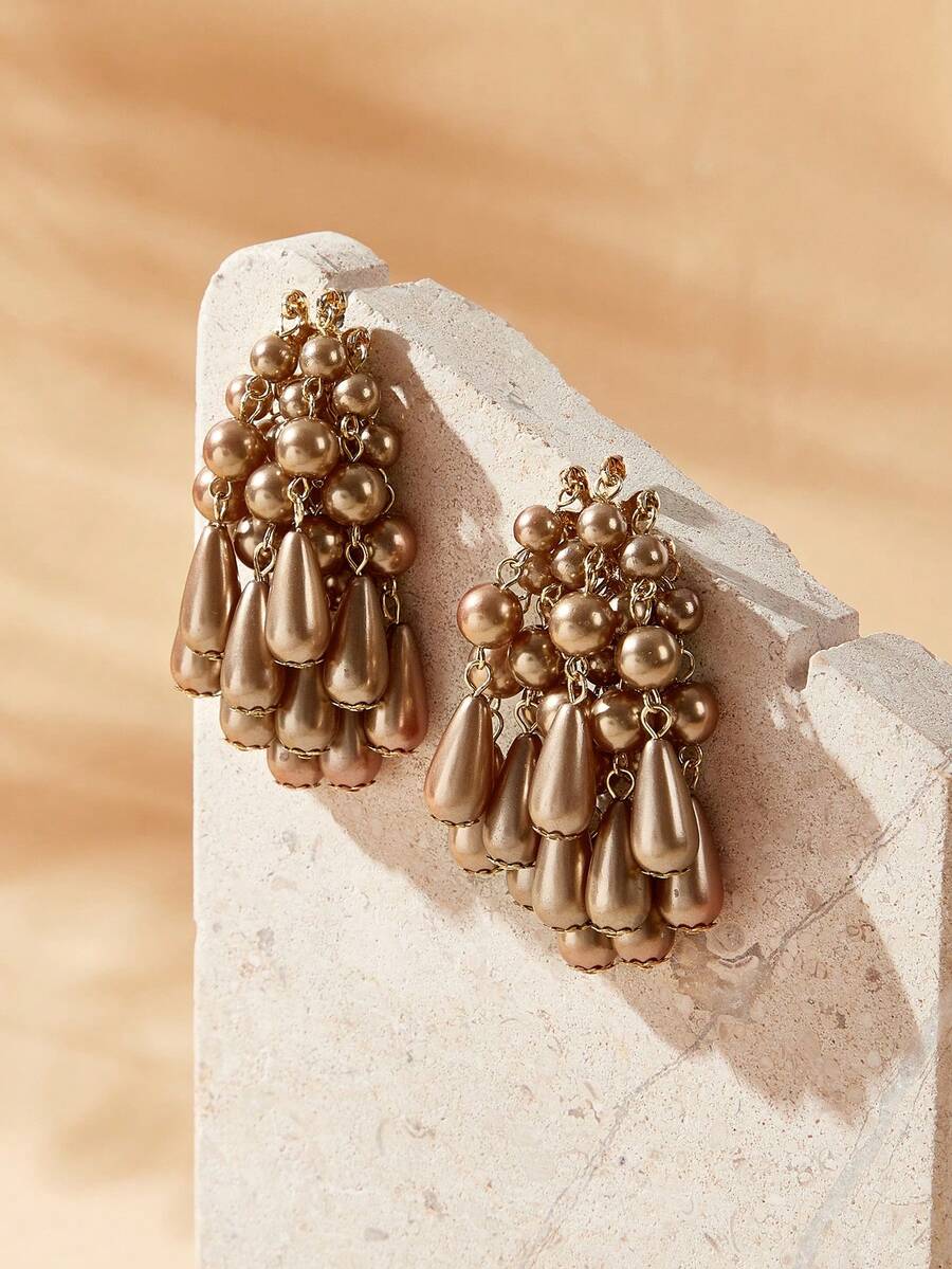 SHEIN VCAY 1 par de pendientes únicos de perlas falsas - Marrón - Ver 1