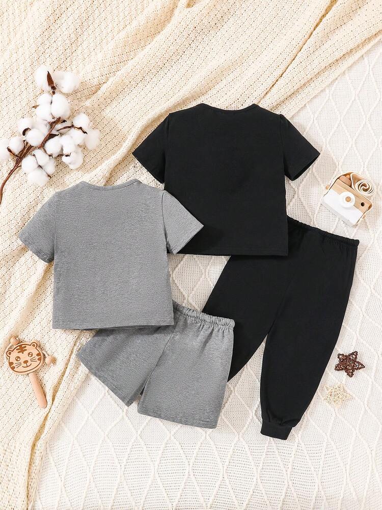 4pcs Unisex Baby Round Neck Short Sleeve T-Shirt Exclamation Print Shorts And Solid Long Pants Set